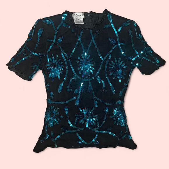 Vtg silk black and blue top - Picture 1 of 6